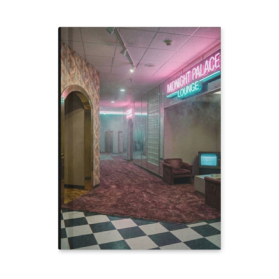 Midnight Palace journal featuring a surreal neon lounge hallway with retro carpet, checkerboard floors and liminal art.