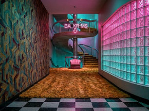 Surreal liminal hallway with neon lighting, glass block walls, and impossible architecture from the Beyond the Backrooms collection by Fever Cinema.