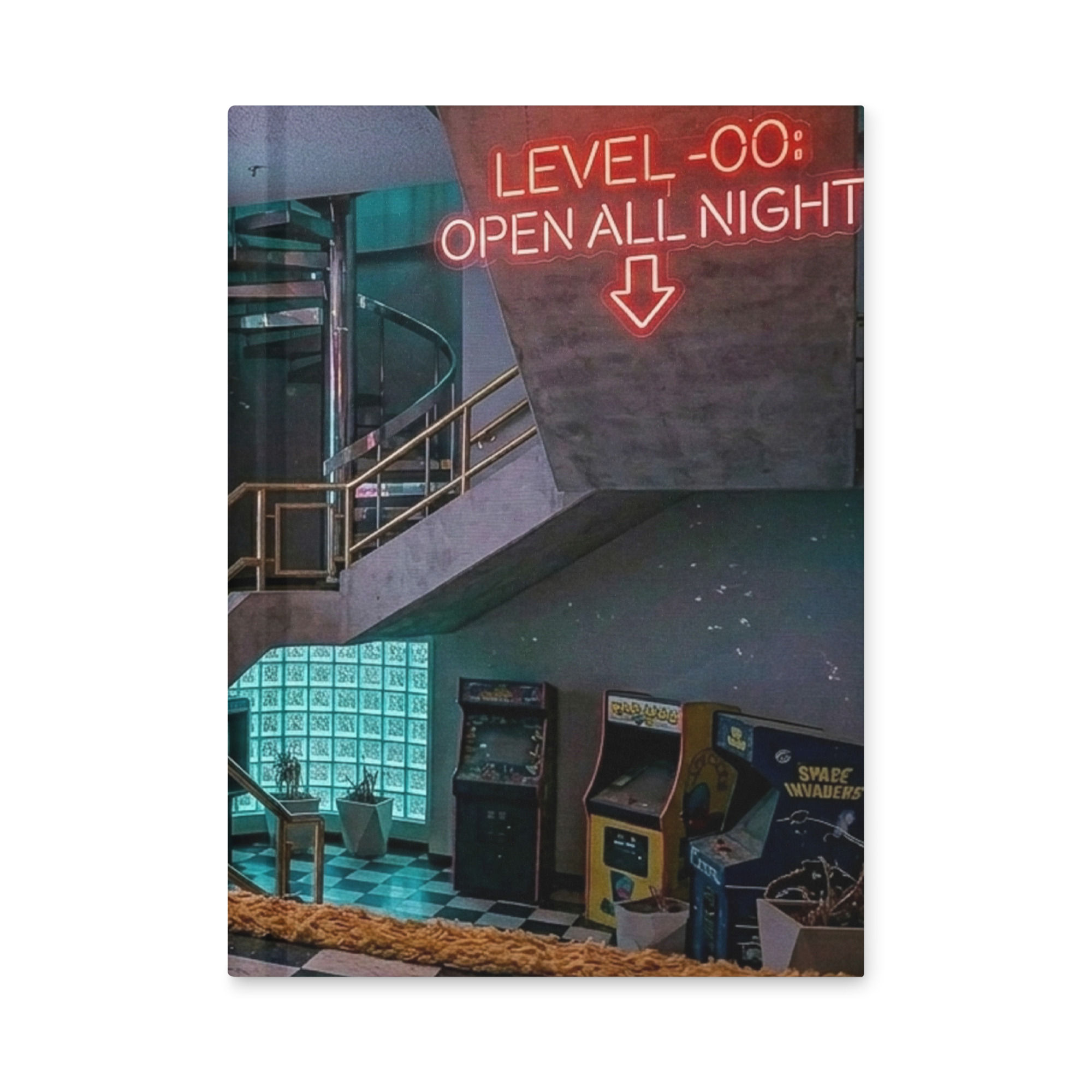 Level 00 journal featuring a surreal neon arcade, retro stairway, checkerboard floor, and liminal space aesthetic.