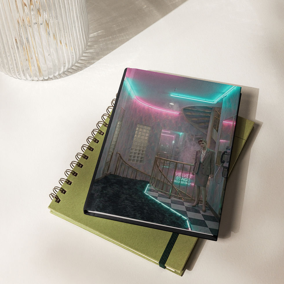 Between Floors hardcover journal on stacked notebooks featuring a surreal pink and teal neon stairwell.