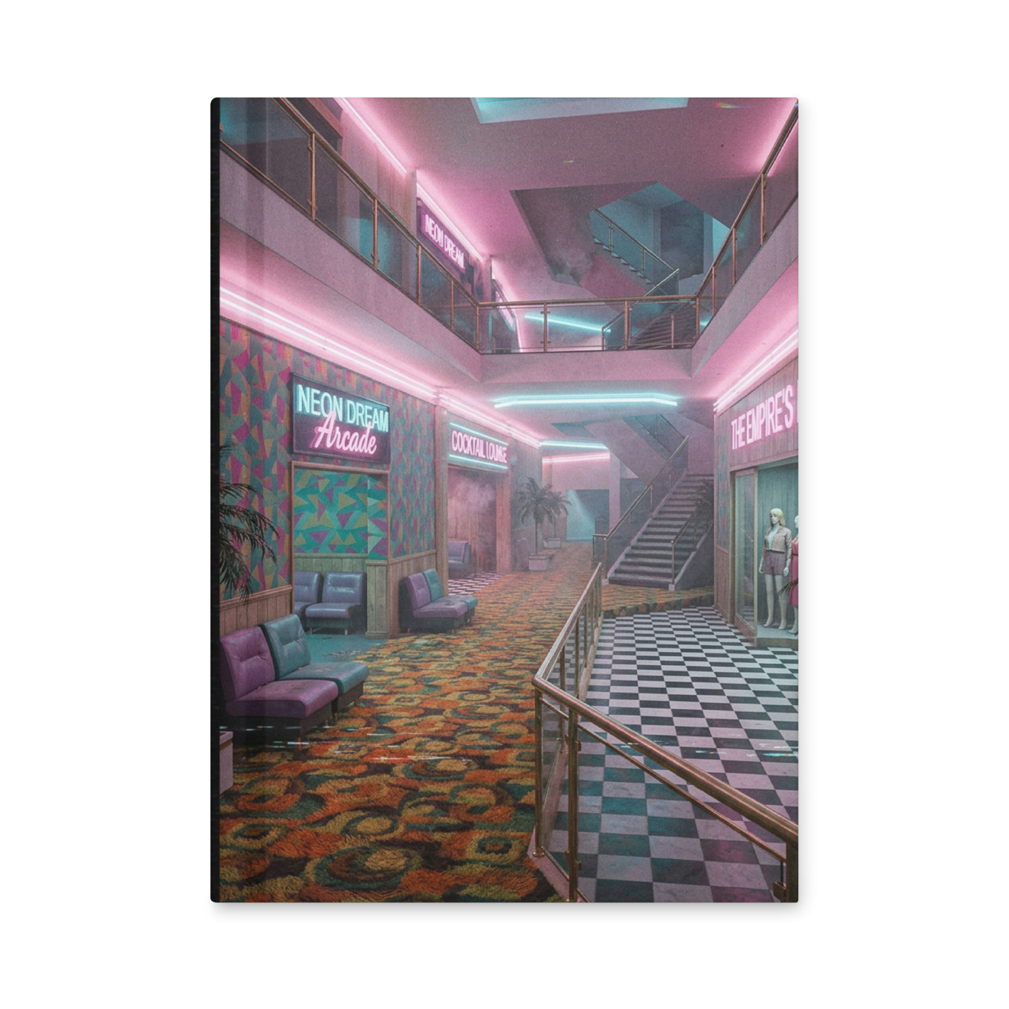 Neon Dream hardcover journal featuring a retro neon atrium with liminal mall and dreamcore artwork.