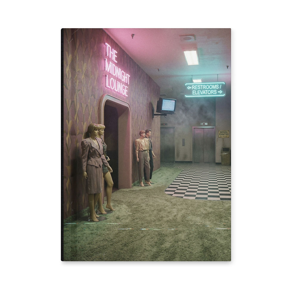 The Midnight Lounge hardcover journal featuring a neon retro lounge hallway with mannequins and liminal dreamcore artwork.