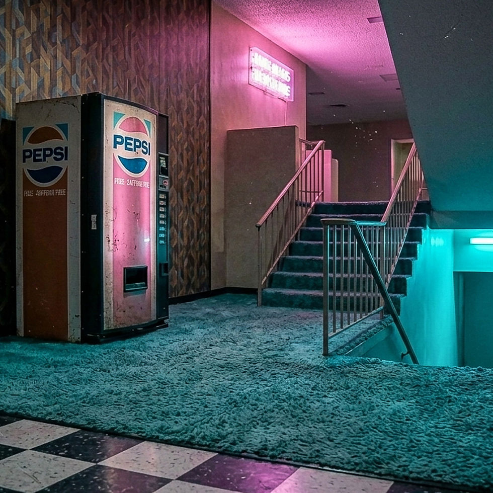 Liminal space wall art | Retro vending alcove beside glowing stairwell | Beyond the Backrooms Vol. 003 | Fever Cinema