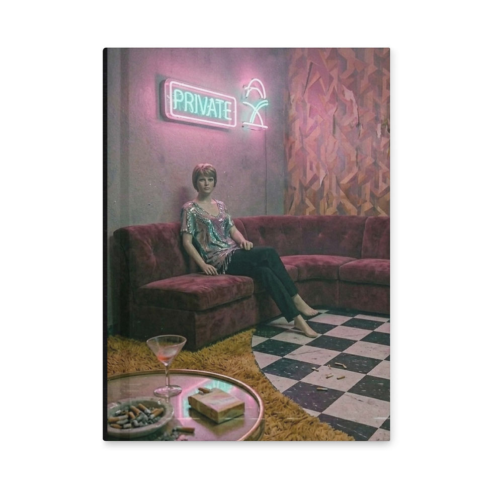 The Private Lounge hardcover journal featuring a neon lounge, retro sofa, liminal interior, and cinematic dreamcore artwork.