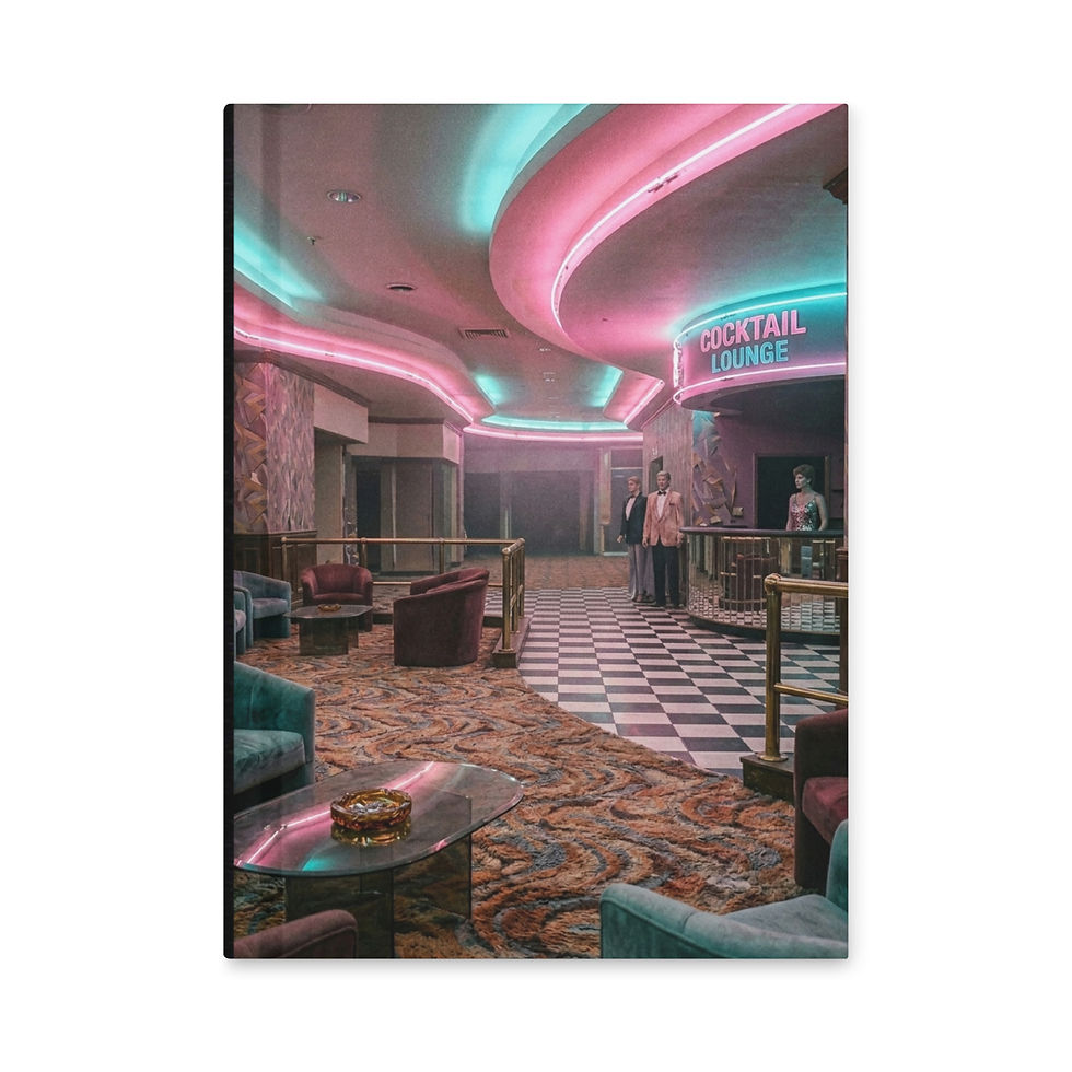 Cocktail Lounge journal art featuring a surreal retro lounge with pink and teal neon, patterned carpet, and vintage seating.