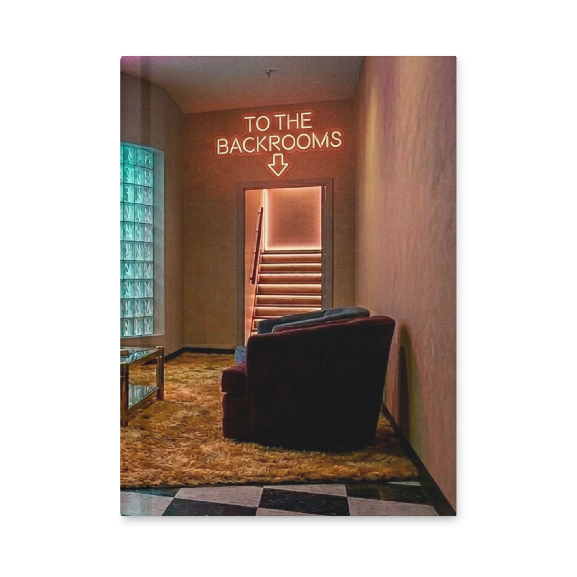 To the Backrooms journal art featuring a glowing stairway, retro lounge chairs, and eerie liminal interior.