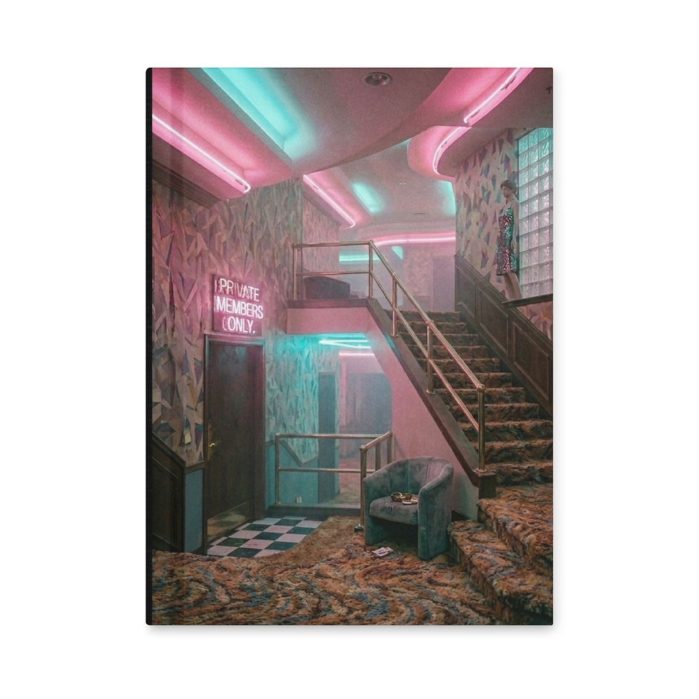 Members Only hardcover journal featuring a neon retro stairwell with patterned carpet and liminal dreamcore artwork.