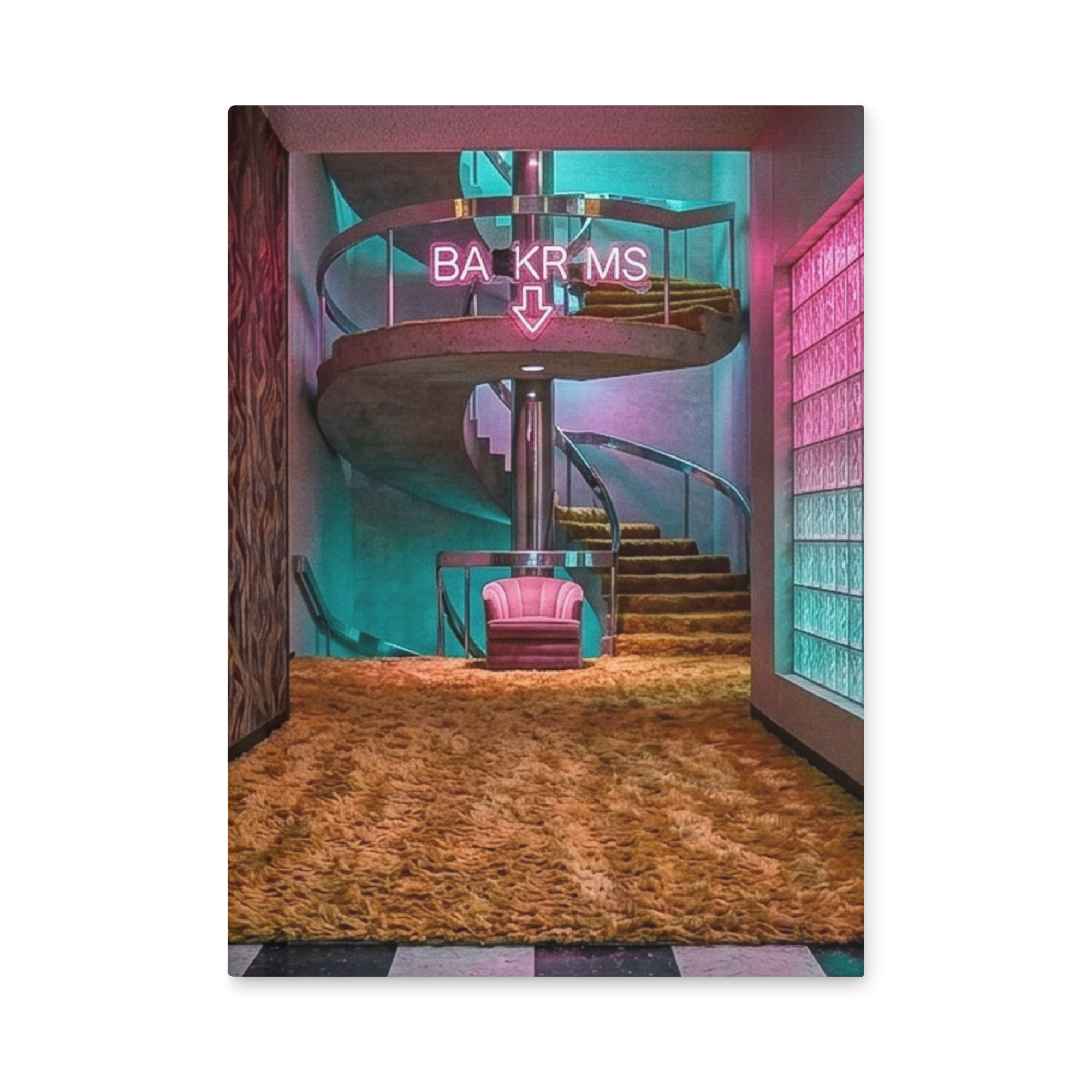 Backrooms Access journal art featuring a surreal spiral staircase, neon sign, shag carpet, and retro liminal interior.