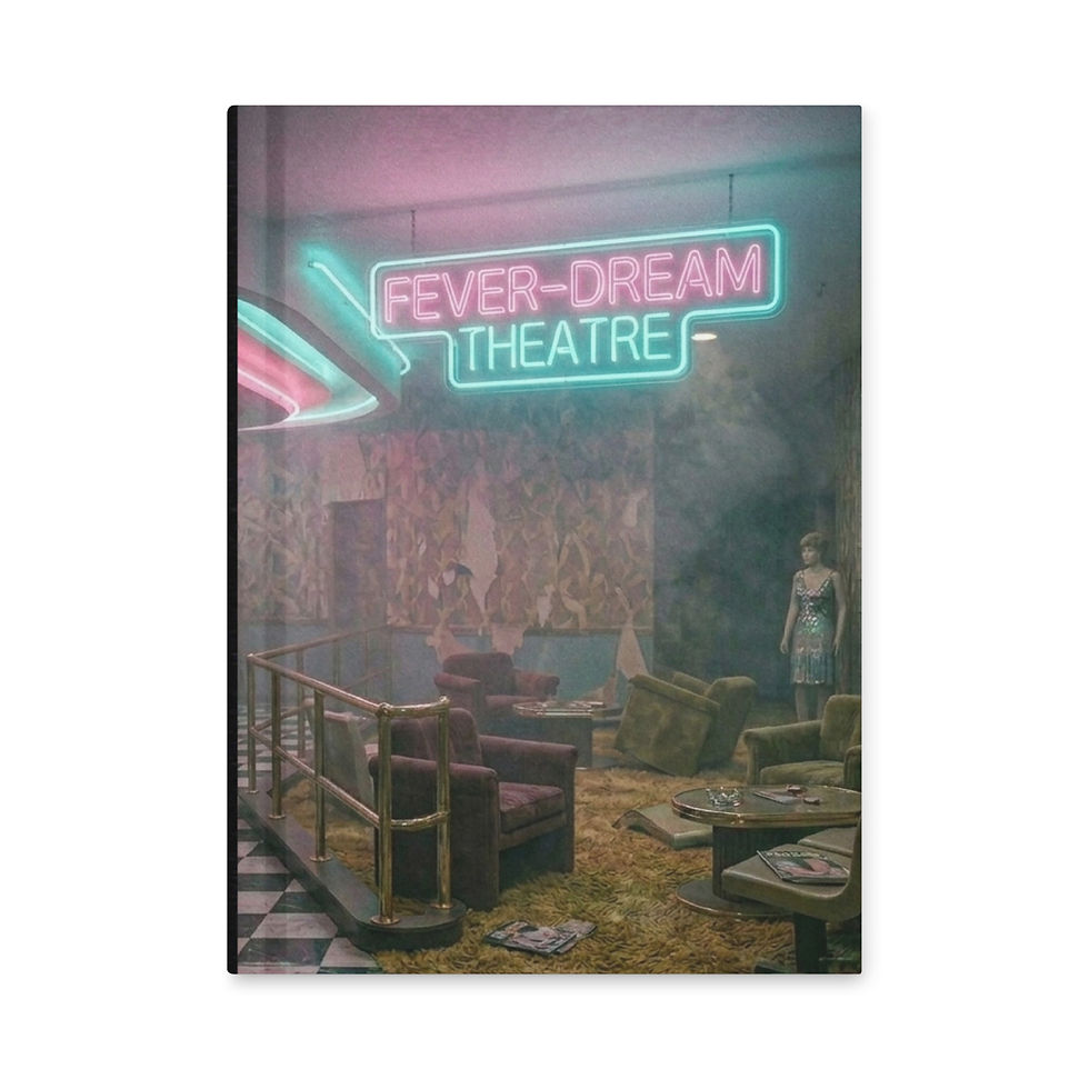 Fever Dream Theatre journal featuring a surreal neon theater lounge with retro seating, haze, and liminal space art.