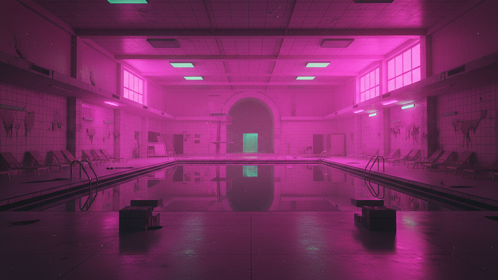 Eye-level view of an empty room bathed in neon pink light