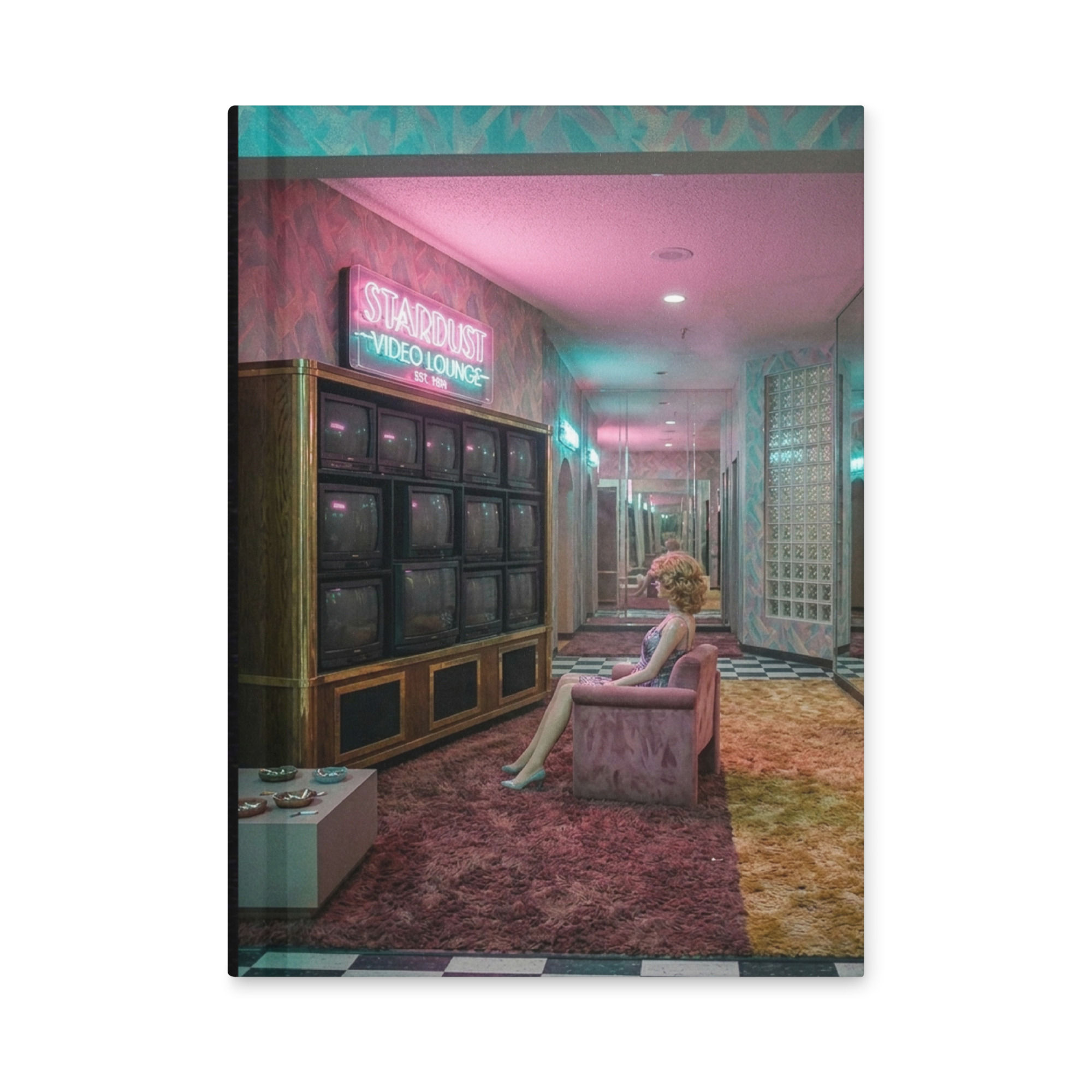 Silent Broadcast journal featuring a surreal video lounge with vintage CRT televisions, neon haze, and liminal space art.