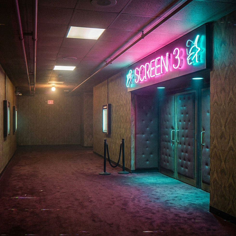 Surreal theater wall art | Neon cinema entrance with silent screening doors | Silent Screening Vol. 002 | Fever Cinema