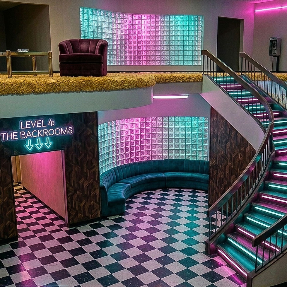Liminal space wall art | Neon stairwell leading to Level 4 Backrooms lounge | Beyond the Backrooms Vol. 002 | Fever Cinema