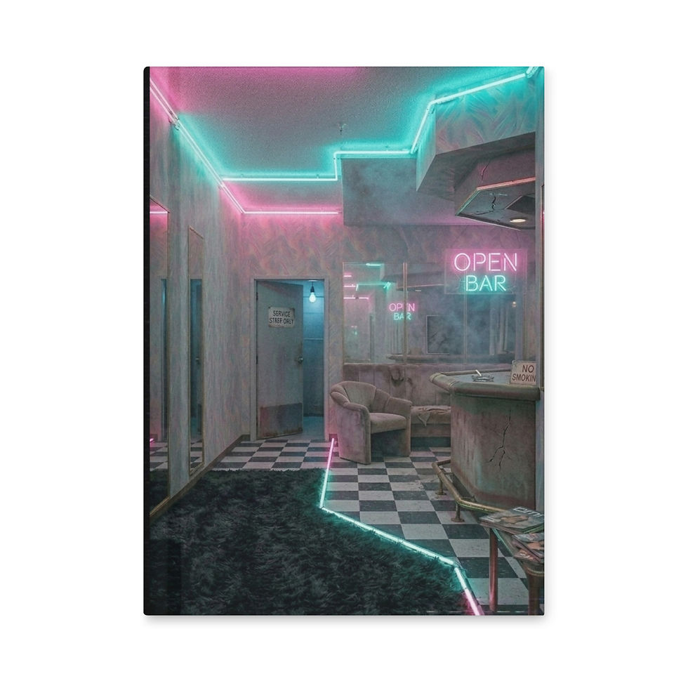 Open Bar hardcover journal with a surreal neon bar, checkered floor, retro seating, and pink and teal lighting.