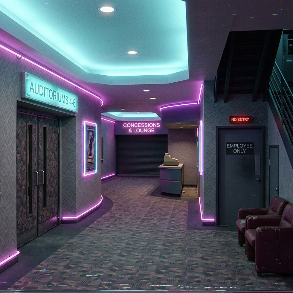 Surreal theater wall art | Neon theater hallway with quiet auditorium doors | Silent Screening Vol. 005 | Fever Cinema