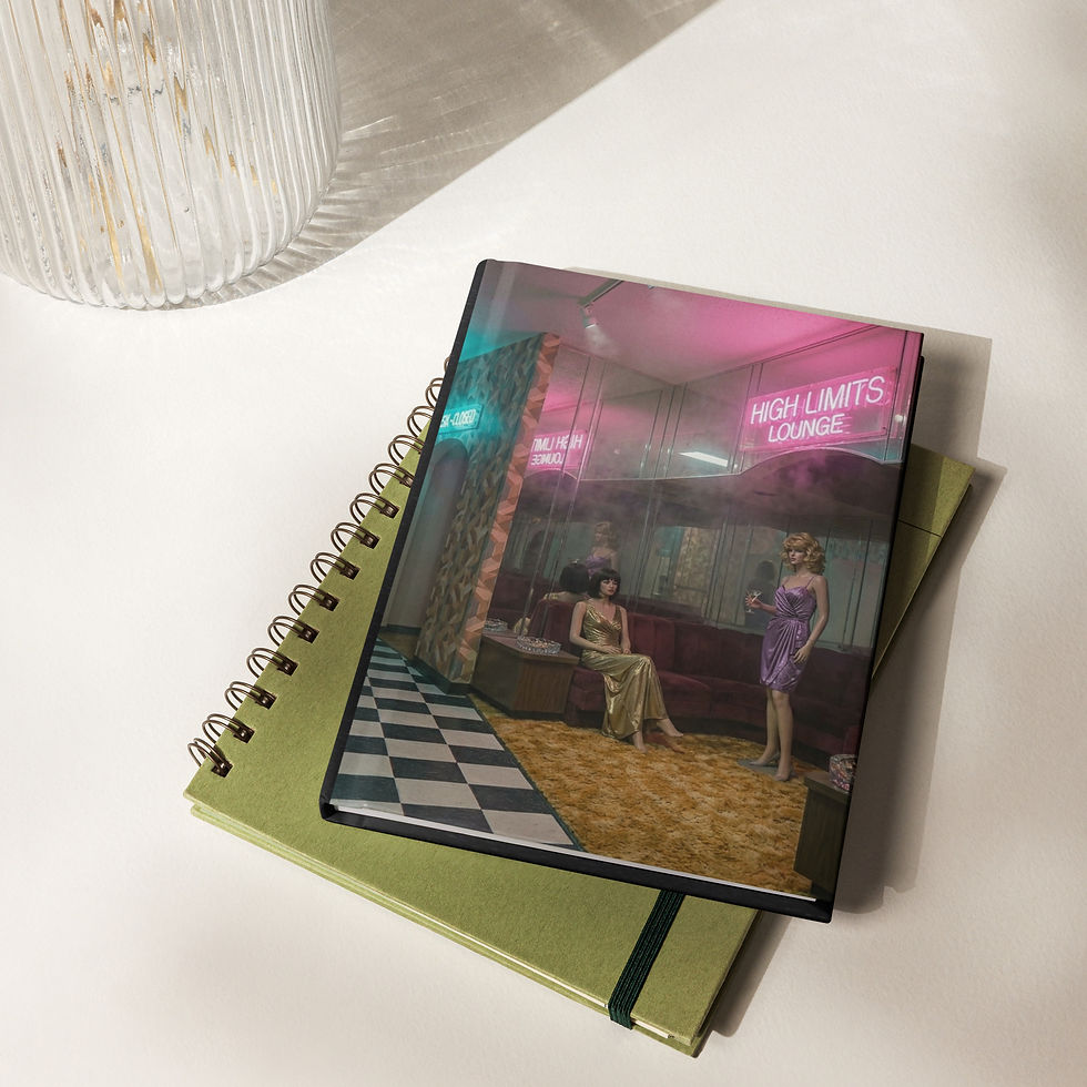 High Limits Lounge hardcover journal mockup with surreal neon casino lounge artwork on a desktop.