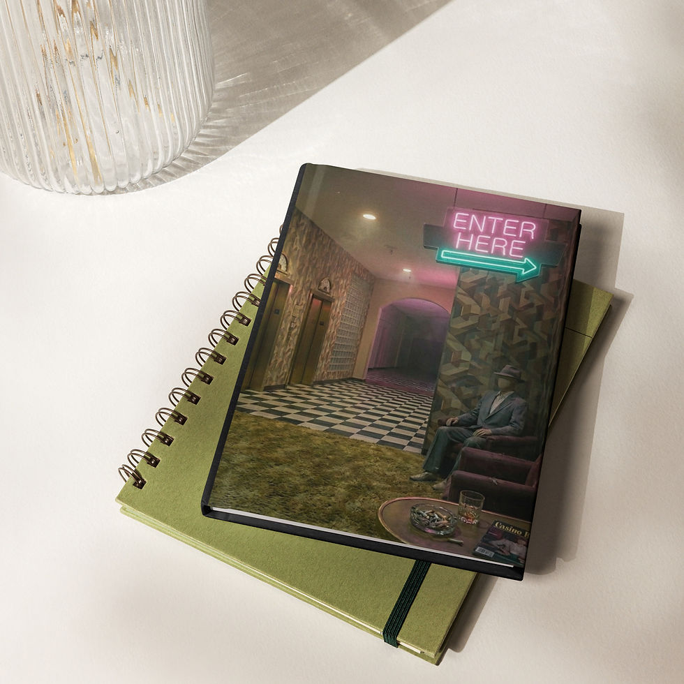 Enter Here hardcover journal on stacked notebooks featuring a mysterious neon-lit retro hallway.