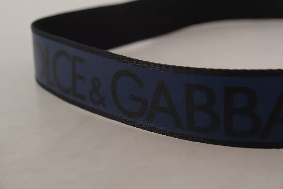Thumbnail: Dolce & Gabbana Blue Black Logo Print Silver Buckle Belt