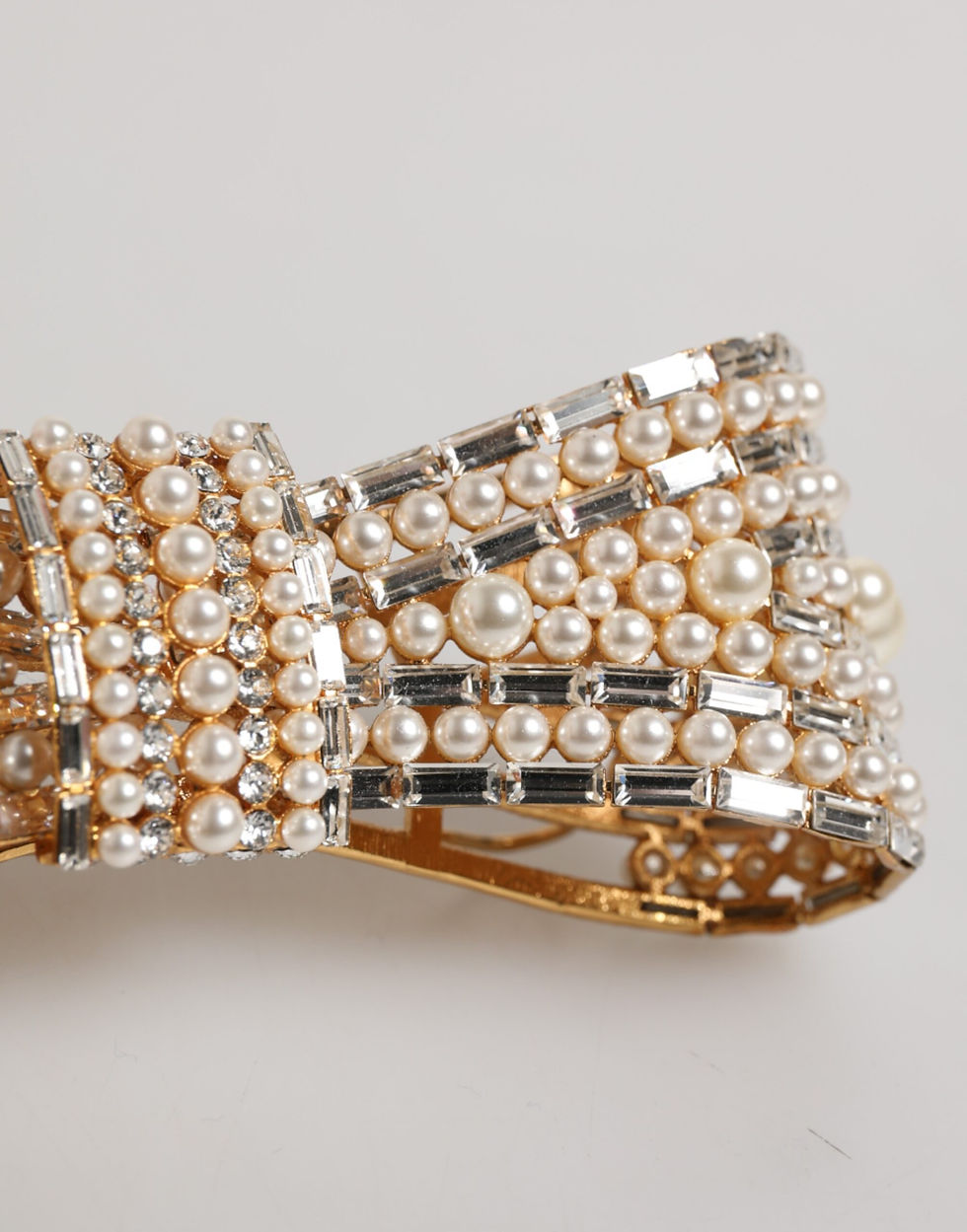 Thumbnail: Dolce & Gabbana Gold Tone Brass Bow Crystal FauxPearl Embellished Brooch