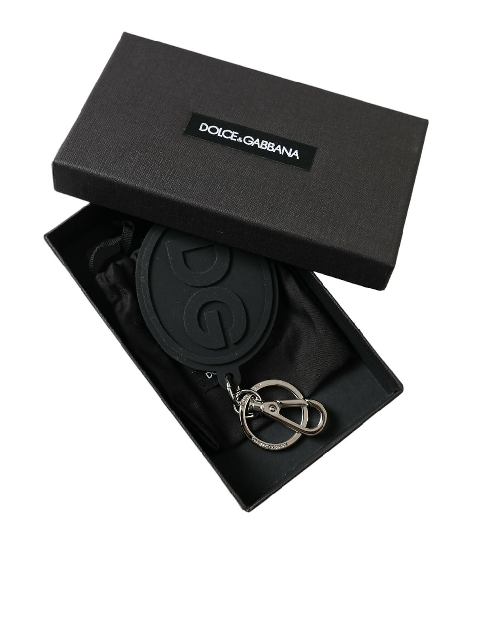 Thumbnail: Dolce & Gabbana Black Rubber DG Logo Silver Brass Metal Keyring Keychain