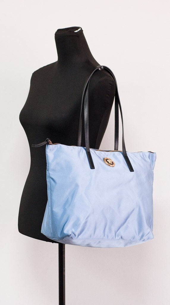 Thumbnail: Versace Portuna Medusa Medium Cornflower Blue Nylon Leather Tote Bag Purse