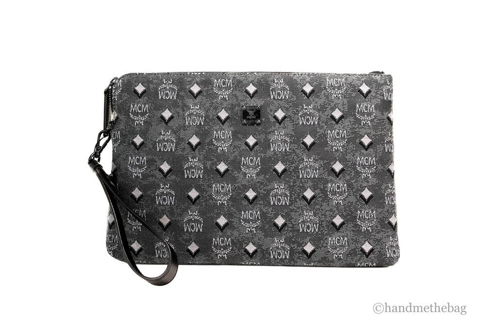 MCM Veritas Medium Dark Grey Denim Monogram Logo Canvas Clutch Pouch Handbag