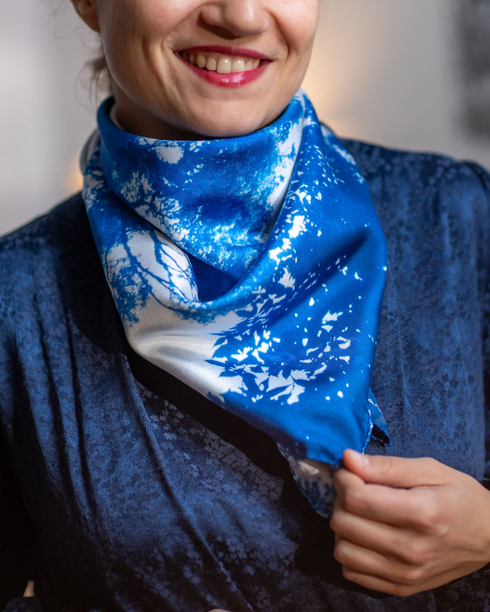 Miniature : Canopy Cyanotype Silk scarf made in France designed by Kyano Studio