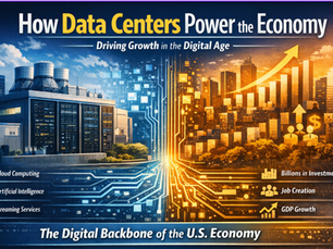 Infographic showing how data centers support cloud computing, artificial intelligence, and digital services while contributing to investment, job creation, and GDP growth in the U.S. economy.