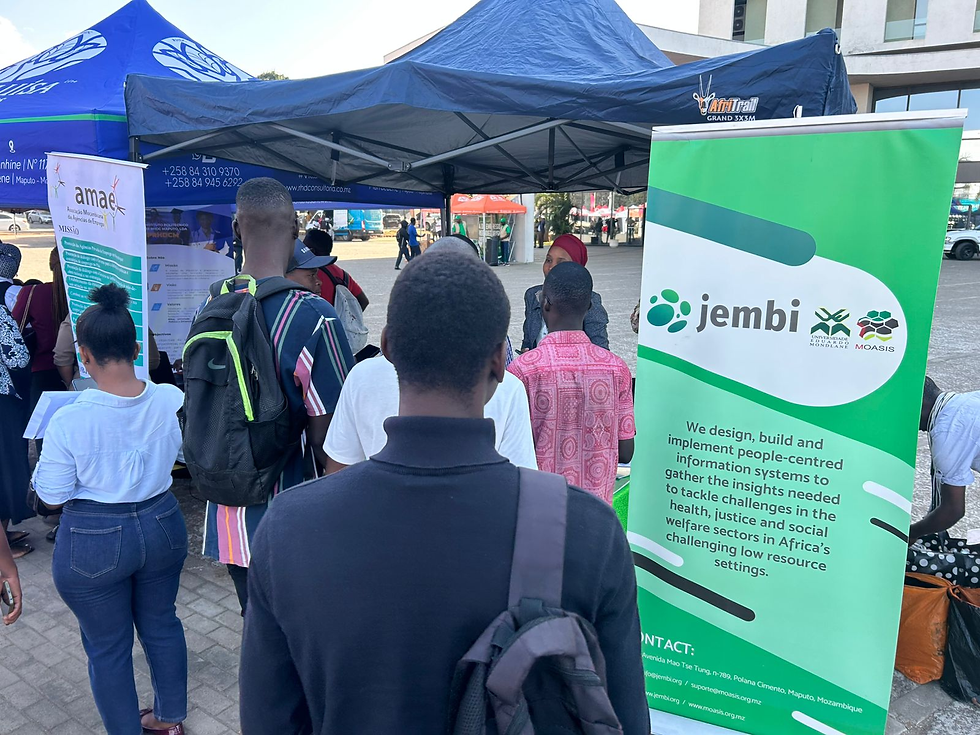 A student visits the Jembi stand at Matola Municipality Job Fair 2025.