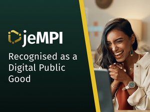A smiling woman celebrates while looking at her laptop. On the left side of the image, the JemPI logo appears with the text: “Recognised as a Digital Public Good.” The design uses a dark green background with a yellow accent line dividing the text and image.