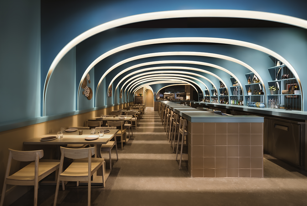 Milpa restaurant interior featuring blue arched design
