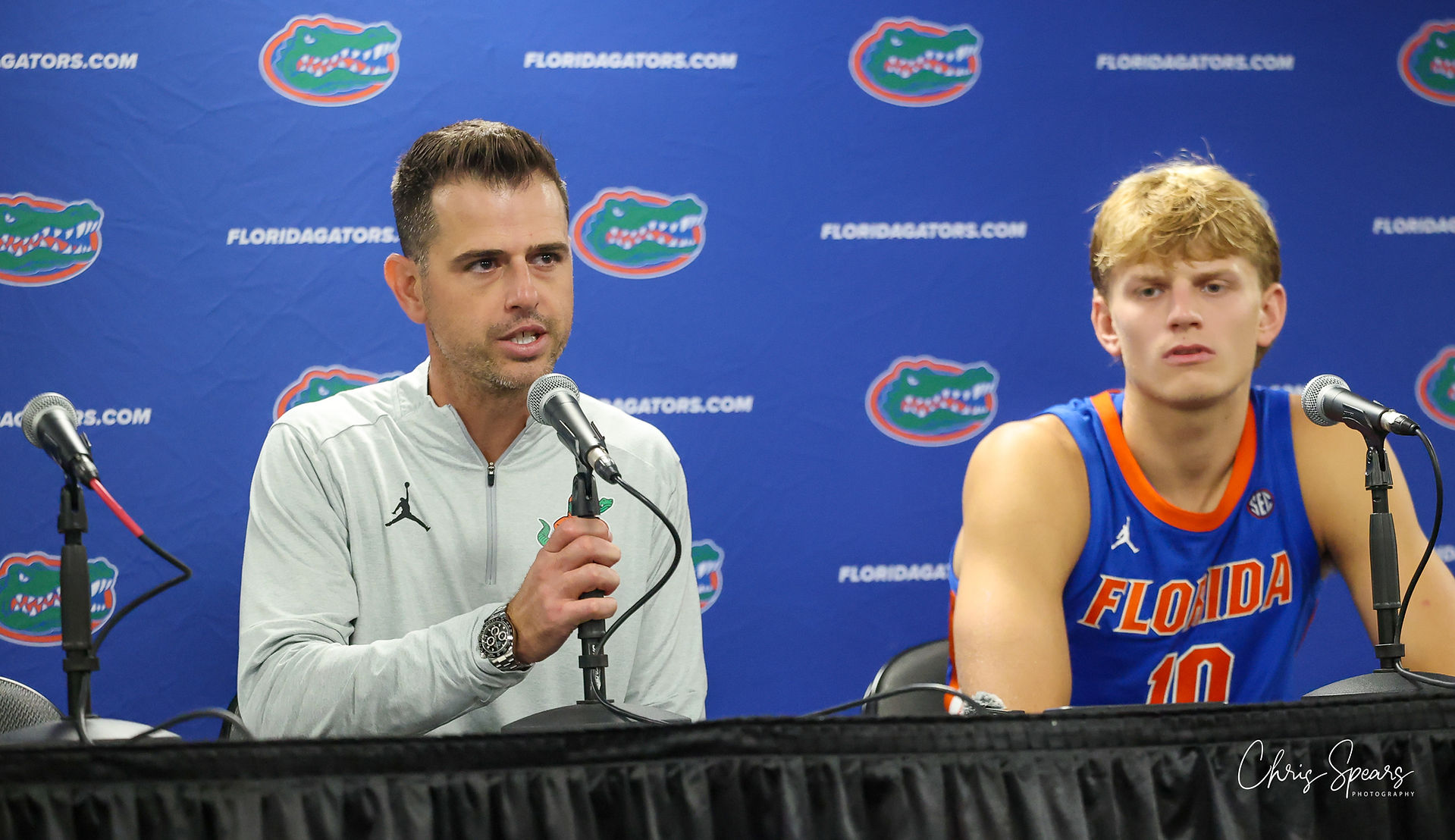 Todd Golden and Thomas Haugh at the postgame news conference. Photo by Chris Spears, GatorBait Media