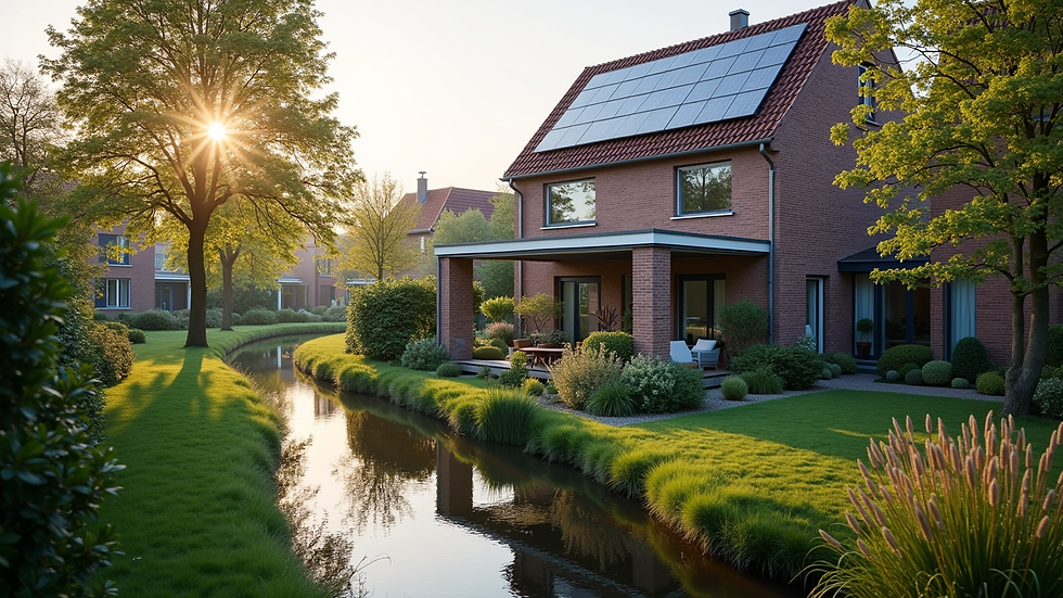 High angle view van een dak met geïntegreerde zonnepanelen in een woonwijk