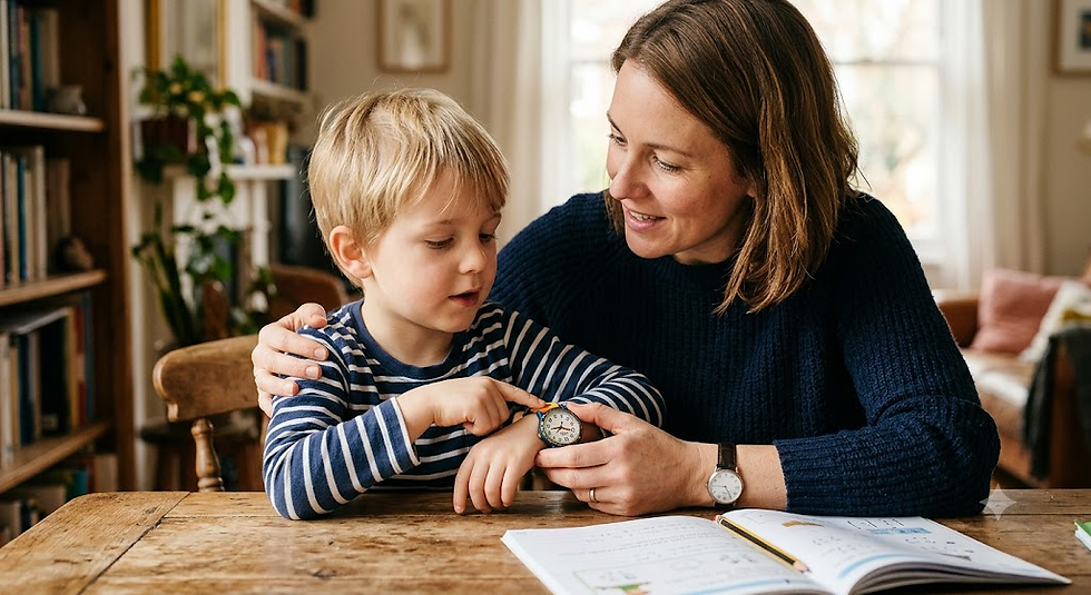 Parent teaching a child to read an analog watch