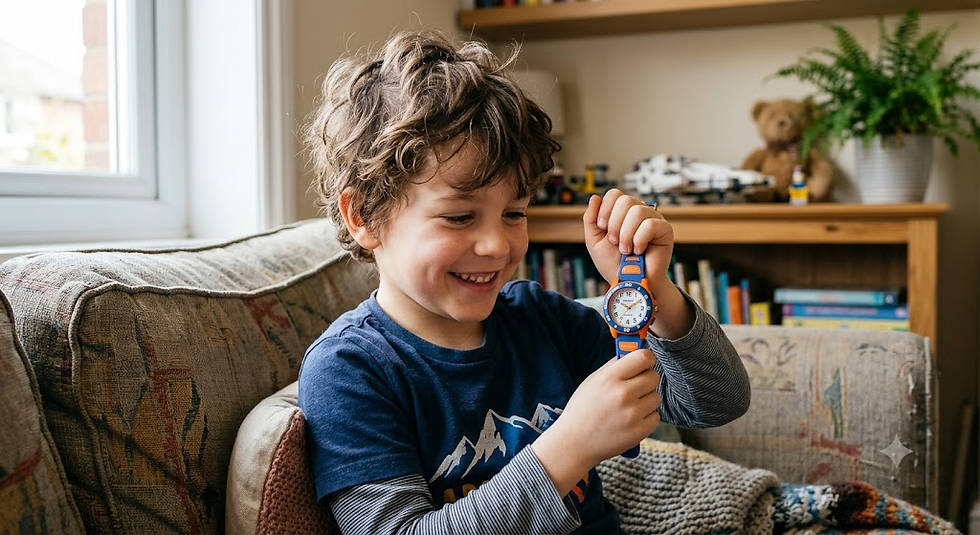 Child proudly looking at their new wristwatch