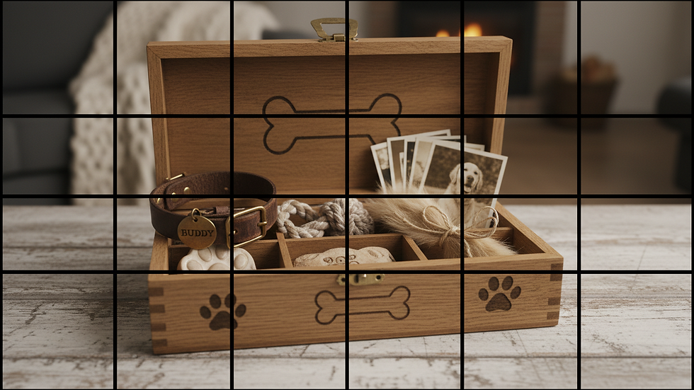Eye-level view of a wooden memory box with pet memorabilia inside