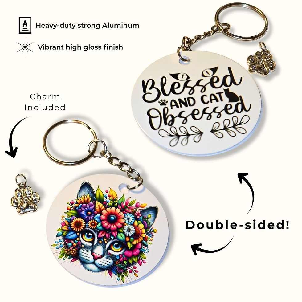 Thumbnail: Blessed and Cat Obsessed double-sided cat keychain with floral cat design and sparkly paw-print charm