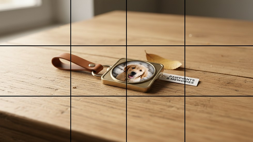 Close-up view of a personalized pet photo keychain on a wooden table