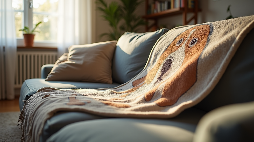 Eye-level view of a cozy living room with a personalized photo blanket draped over a sofa
