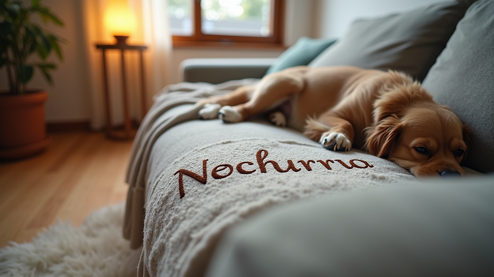 Eye-level view of a cozy blanket embroidered with a pet's name on a sofa