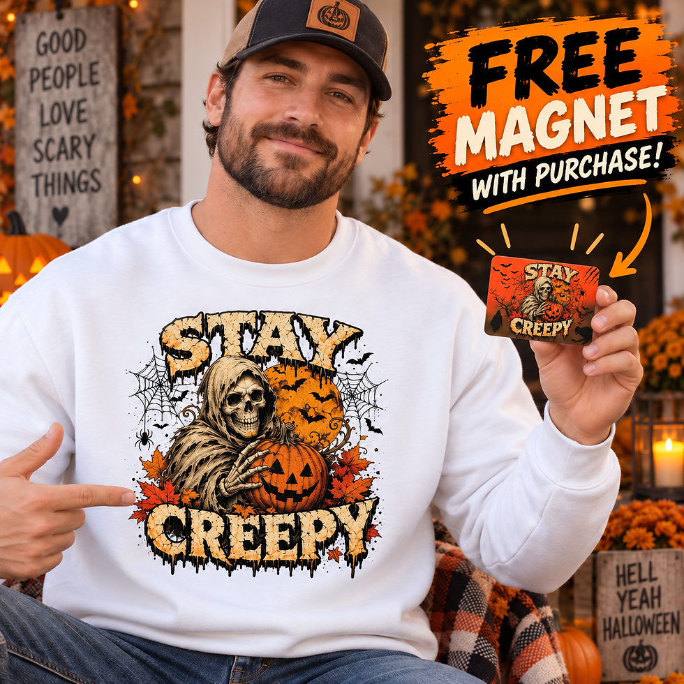 Stay Creepy Grim Reaper Halloween crewneck sweatshirt with jack-o’-lantern and vintage spooky graphic