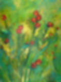 Mixed media painting of red flowers on a gold and green background with collage elements