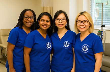 A group of Caring Hands nurses and healthcare professionals smiling together in uniform, showcasing teamwork and dedication