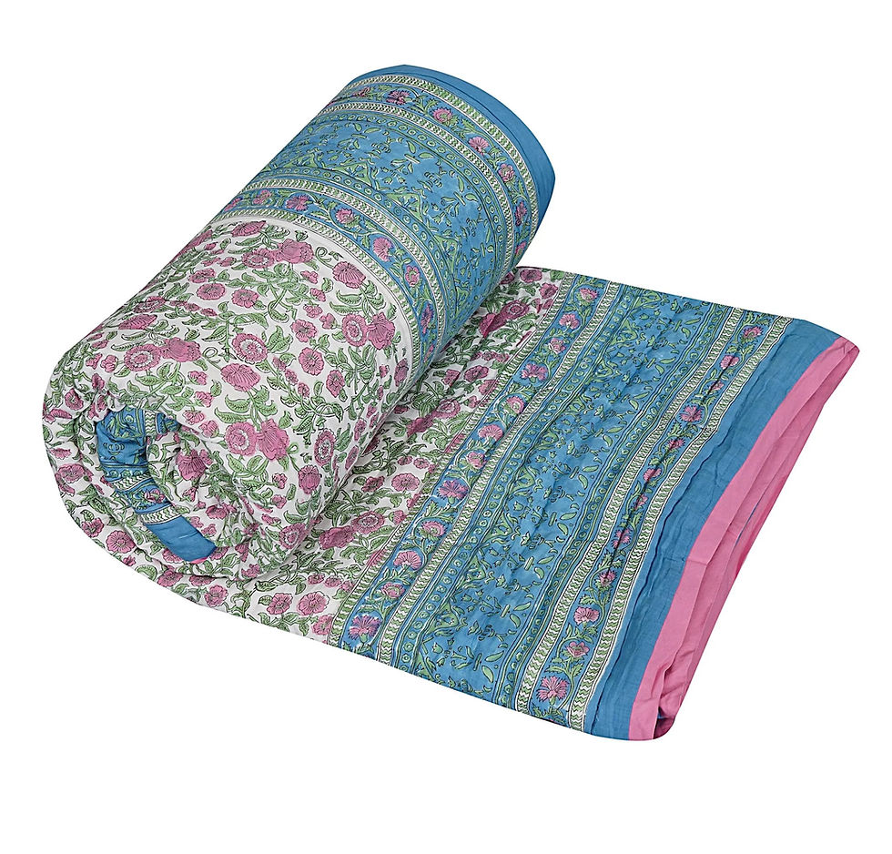 "Shankar Jaal Blue" Hand Block Printed Quilt