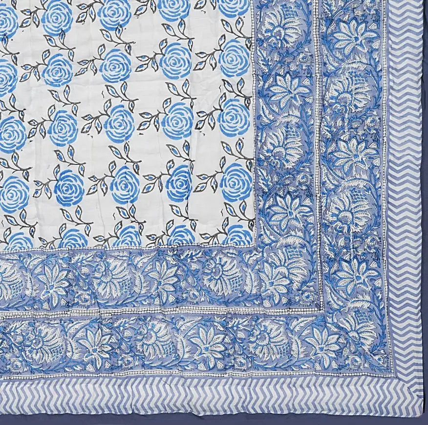 Thumbnail: "Khatri Rose Blue"Hand Block Printed Quilt