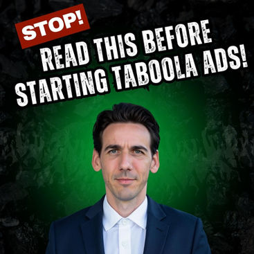 Man in suit with serious expression under bold warning text: 'Stop! Read This Before Starting Taboola Ads' — campaign preparation concept