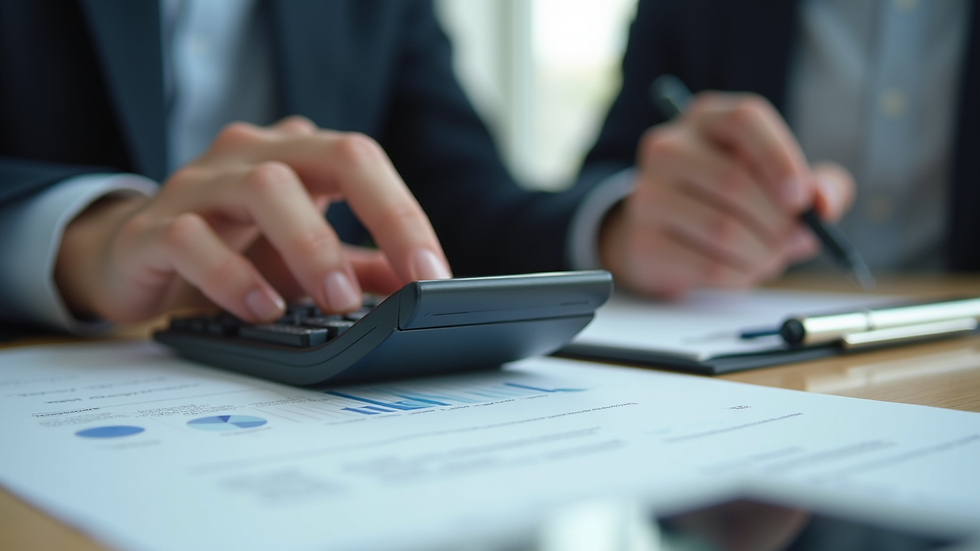 Close-up view of a hand holding a calculator and financial documents on a desk
