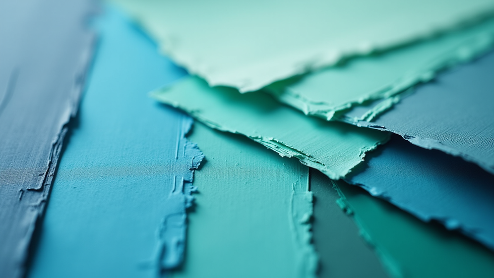 Close-up view of paint swatches in various shades of blue and green