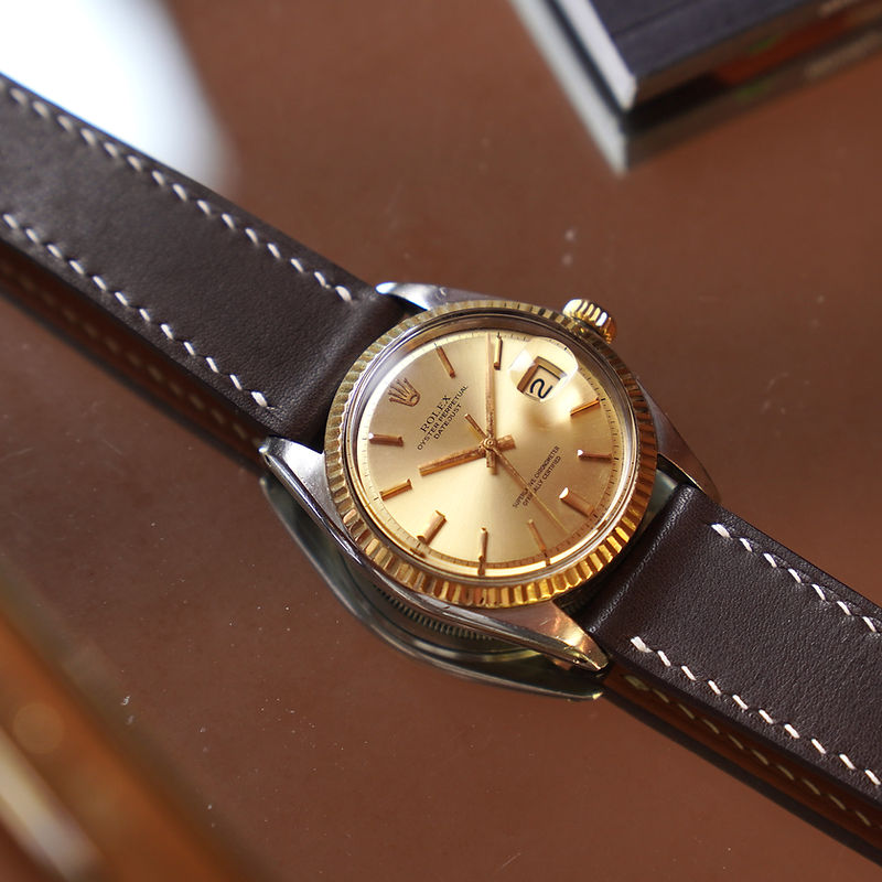 Brown barenia leather strap on a vintage Rolex Datejust by Graf Classics.