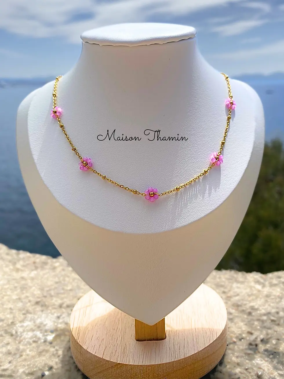Miniature : collier romantique en acier inox doré chaîne fine et petites fleurs colorées
